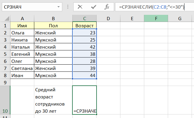 среднее значение в Excel