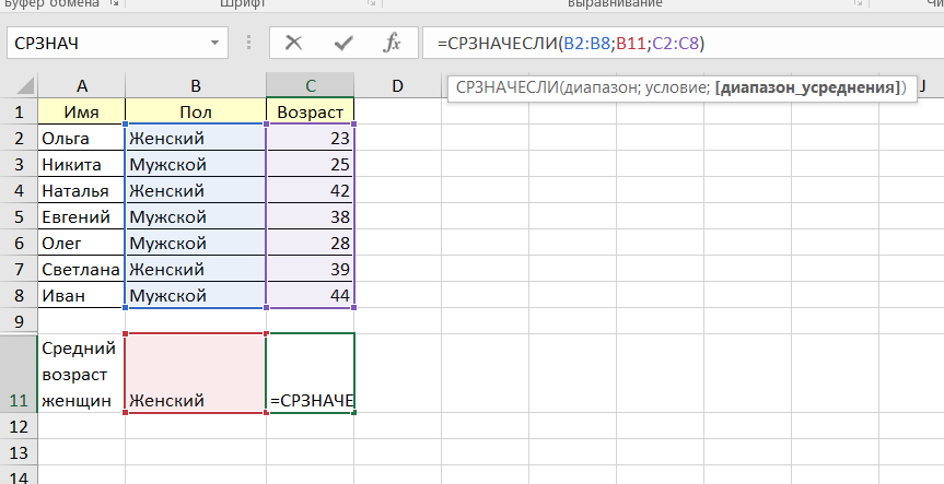 среднее значение в Excel