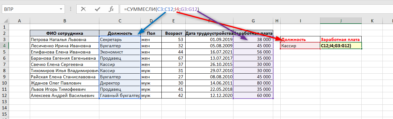 суммирование ячеек в excel по условию