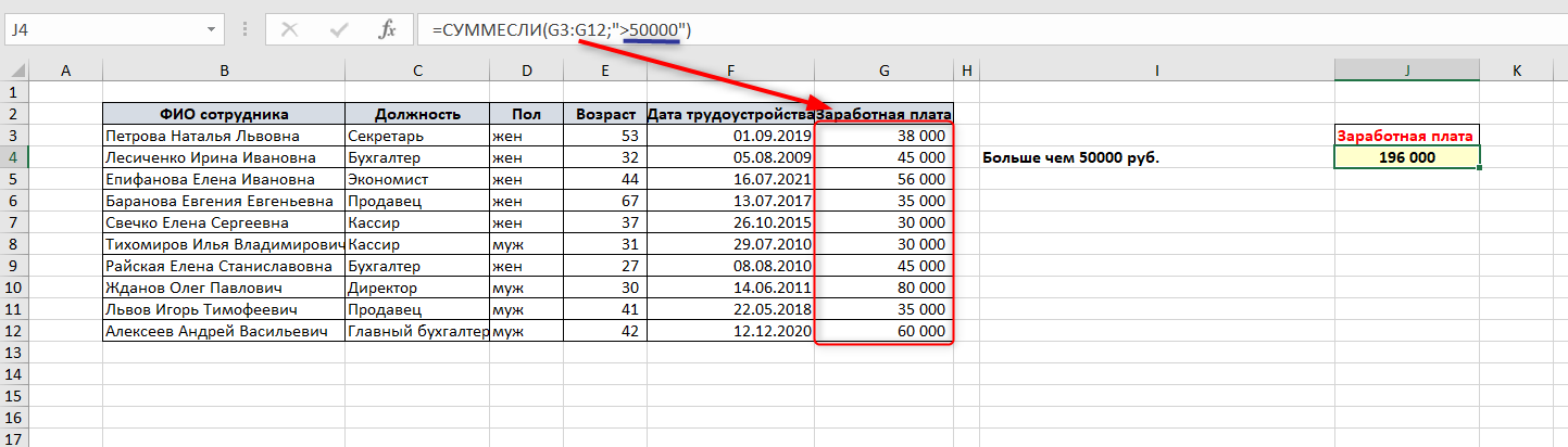 суммирование ячеек в excel по условию