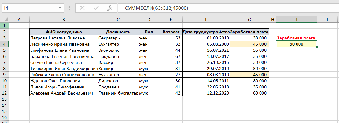 суммирование ячеек в excel по условию